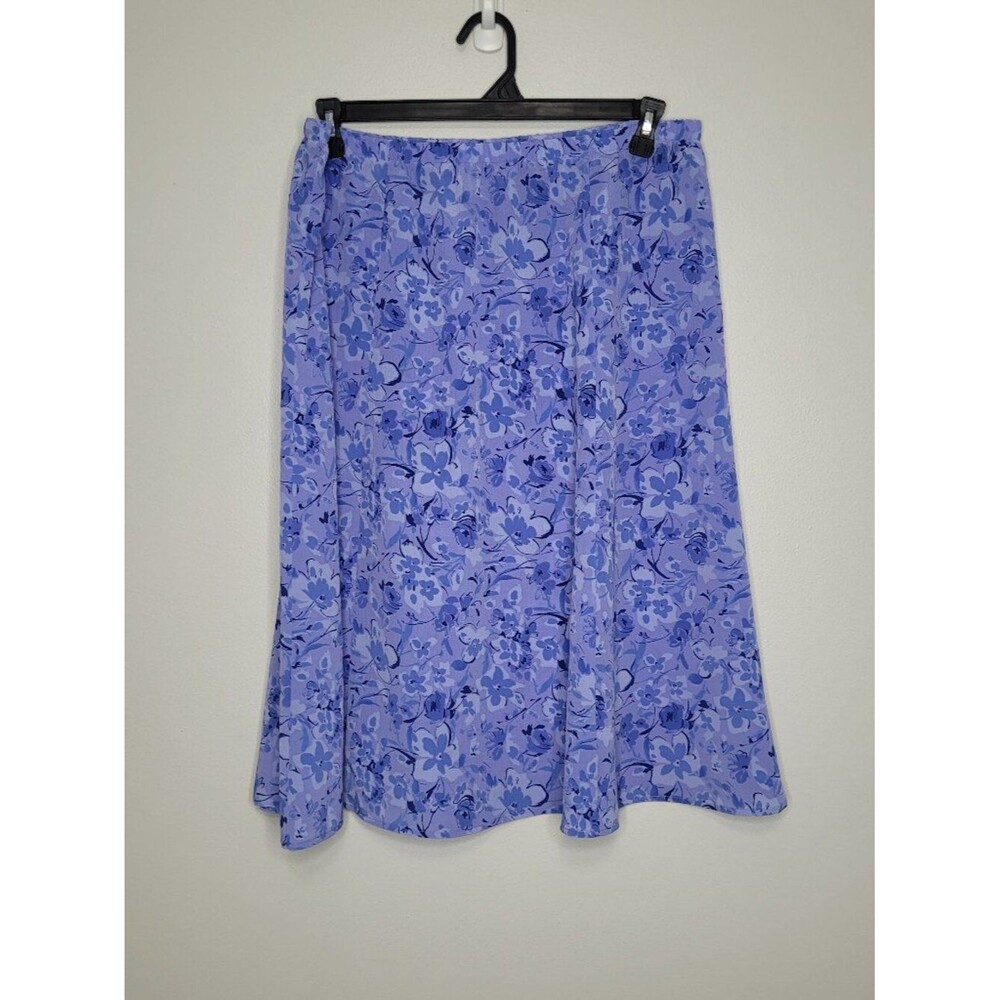 Vintage Lester Square blue purple flower print artsy pull on knee length skirt